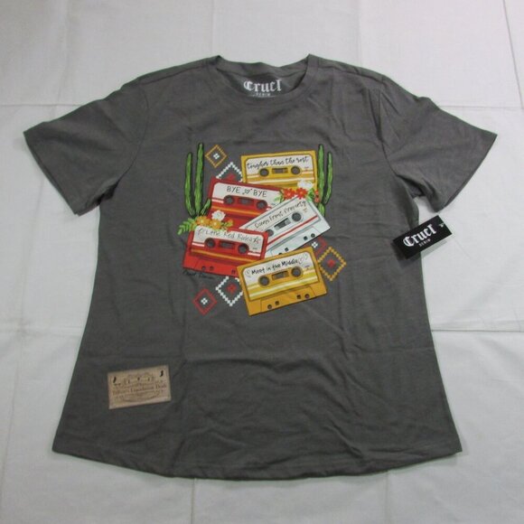 Cruel Women's LG Short Sleeve Cassette Tape Graphic T-Shirt Grey - Picture 2 of 5